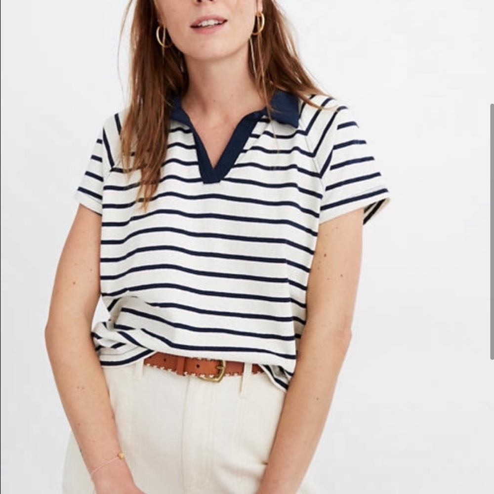Madewell Boxy Polo Tee in Navy Stripe